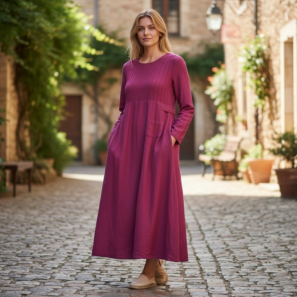 Russ Berens Maxi Dress Womens Small Pink Linen Long Sleeve Hand Colored USA 2535